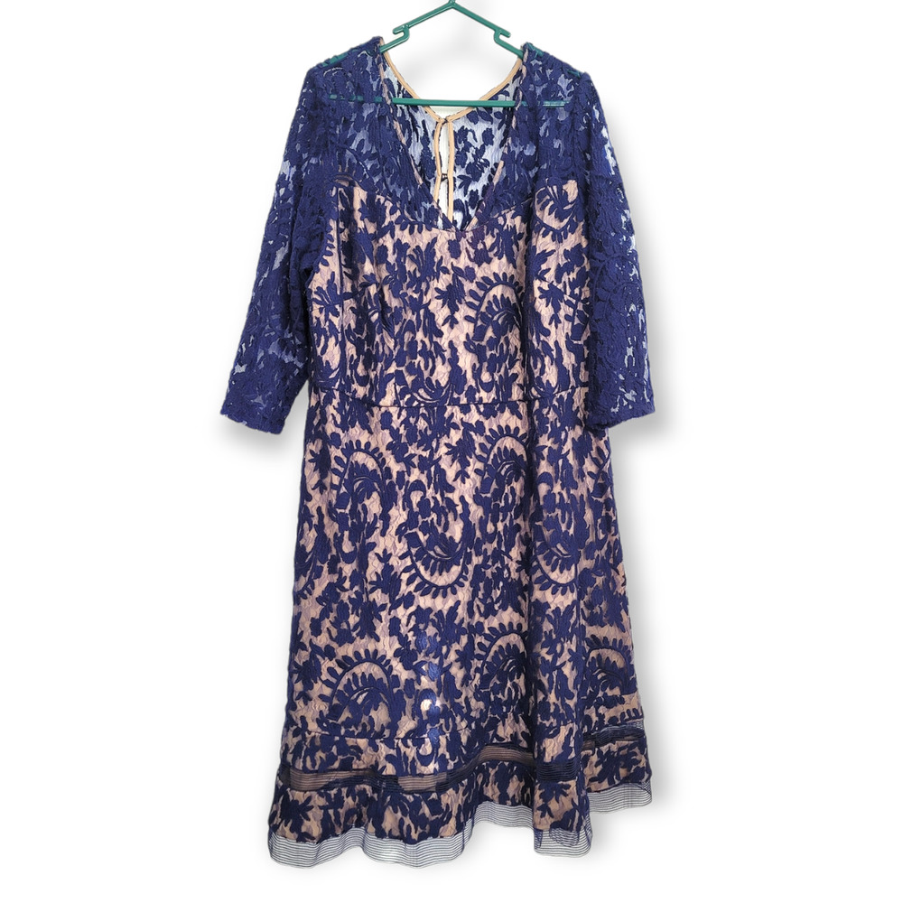 Adrianna Papell Gorgeous Long Sleeve Navy Lace Fit & Flare Formal Dress Size 20W
